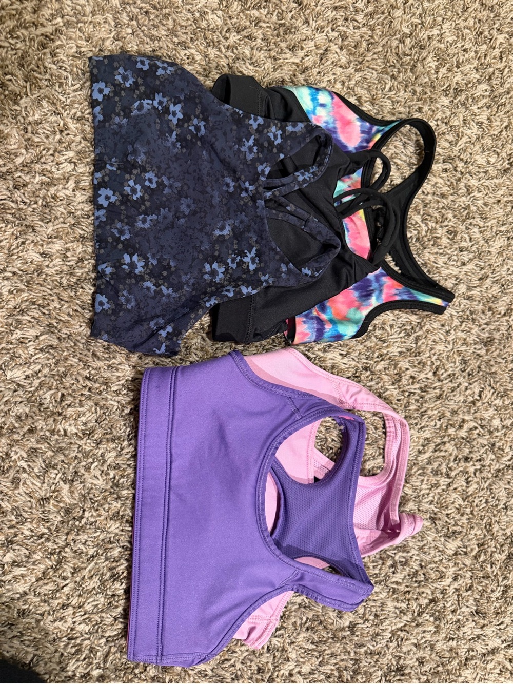 Assorted Girls' Sports Bras - Purple, Pink, Black, Tie-Dye